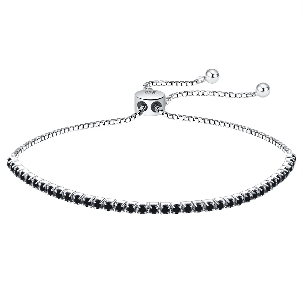 925 Sterling Silver Adjustable Tennis chain Bracelet with black stones