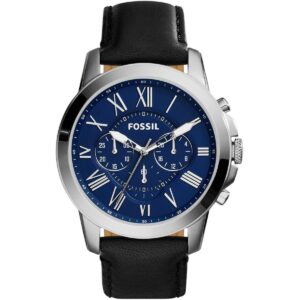Fossil FS4990 Grant Chronograph Blue Dial Black Leather Strap Watch for Men
