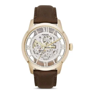 Fossil ME3043 Townsman Automatic Skeleton Gold Dial Brown Leather Strap Watch for Men