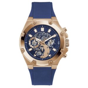 GUESS GW0334G3 Rose Gold-Tone Multifunction Watch with blue strap
