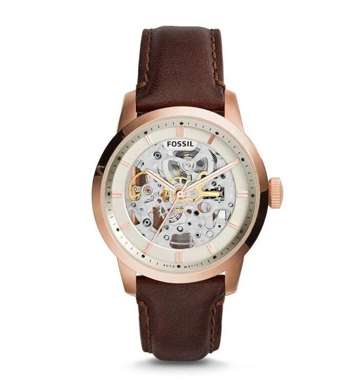 Fossil ME3078 Townsman Automatic Skeleton White Dial Brown Leather Strap Watch for Men